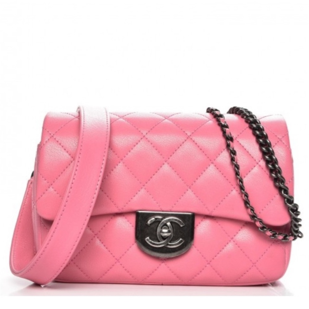 CHANEL Quilted Classic Double Carry Flap Bag, Waist Chain Pink Bag